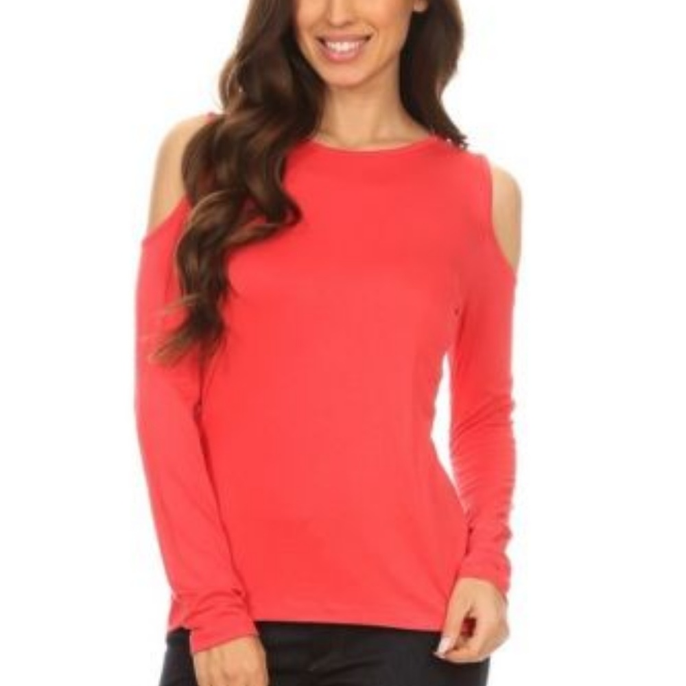 Rayon Blend Knit Coral Cold Shoulder Top Shirt